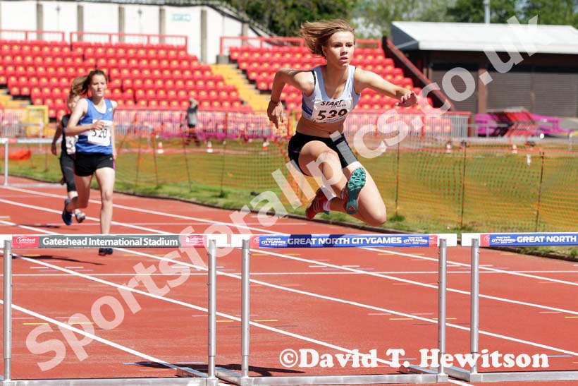 Rachel Carter (Middlesbrough Mandale) winning the 300 metres hurdles at the North Eastern Champs, Gateshead.